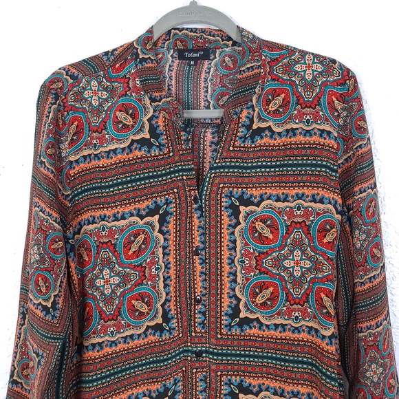 TOLANI 100% Silk Paisley Mixed Print Boho Button Down Shirt - Picture 3 of 8